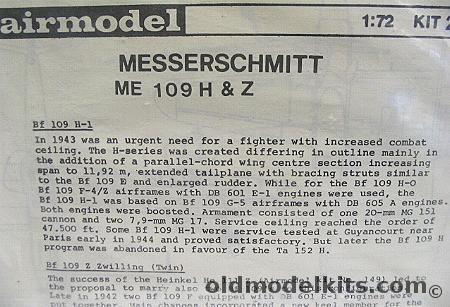Airmodel 1/72 Messerschmitt Me 109 H & Z Conversions, 271  plastic model kit